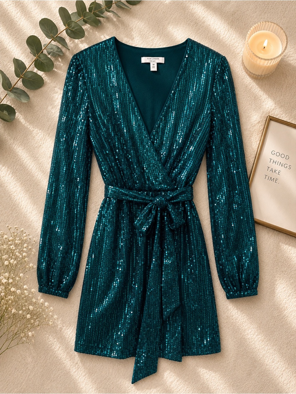 Cara Santana x Nine West Green Sequin Wrap Mini Dress